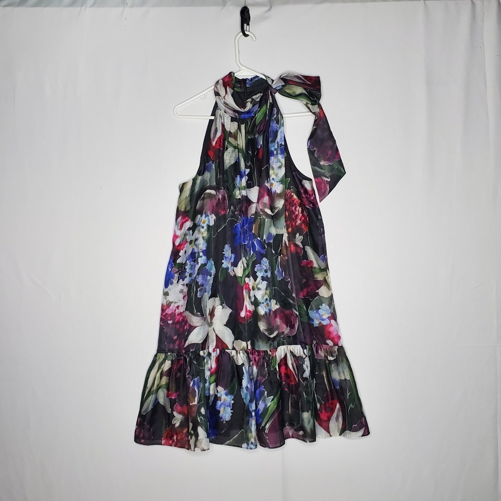 Anne Klein High Neck Dress 12 Dark Romantic Garden Floral Pussybow Tie Halter